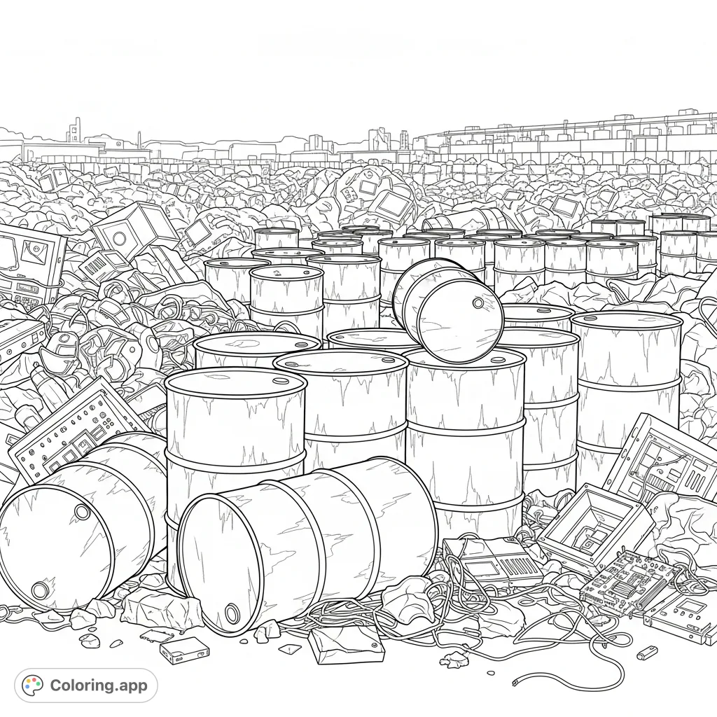 Explore a detailed recycling center dumping area. Features rusty barrels and intricate e-waste for an engaging and thought-provoking coloring experience.