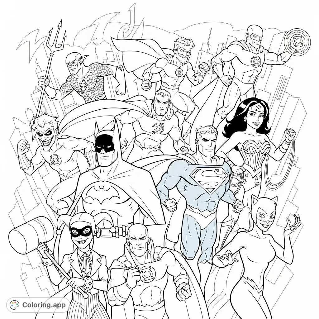 A dynamic DC Super Heroes and Villains coloring page featuring iconic characters like Batman, Superman, and The Joker in an action-packed collage.