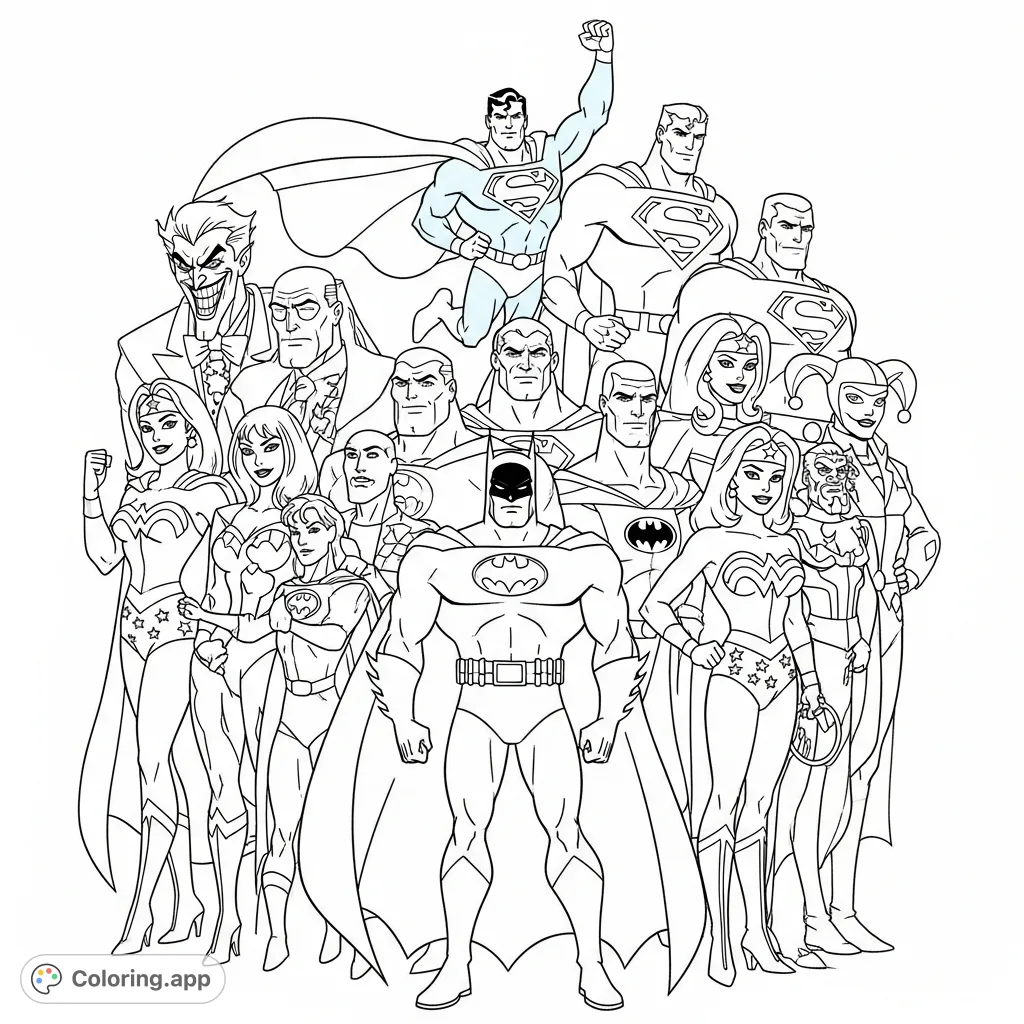 An action-packed DC Superheroes and Villains coloring page, featuring Batman, Superman, Wonder Woman, Joker, and more iconic characters from the 90's animated series.