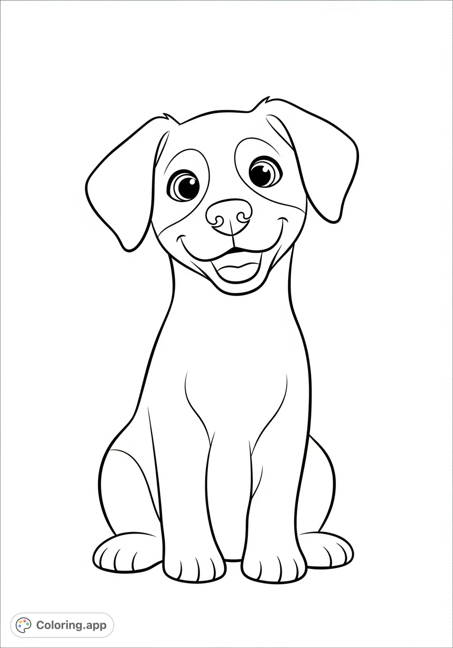 A heartwarming coloring page featuring a cute, friendly dog sitting and smiling with big round eyes, perfect for young children and easy to color.