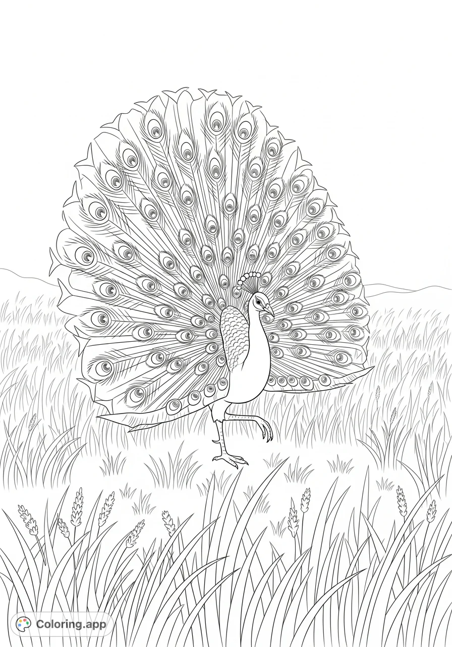 A majestic peacock with its tail fanned, seemingly dancing in a field of tall grass. A beautiful nature scene for a captivating coloring experience.