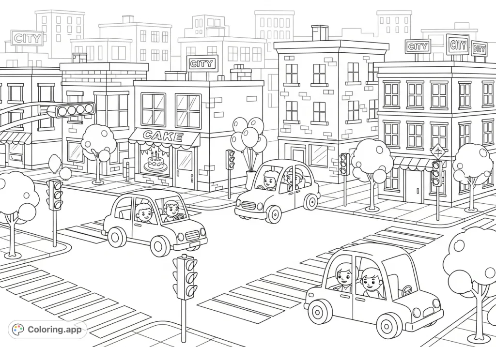 Explore a charming city intersection with friendly cars and passengers. A delightful, easy-to-color scene perfect for young artists to bring to life.