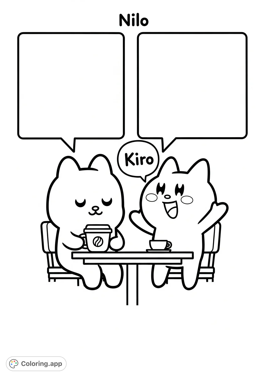Meet Nilo and Kiro, two adorable mascots enjoying a cozy cafe moment. A simple, charming coloring page with large spaces perfect for creative expression.