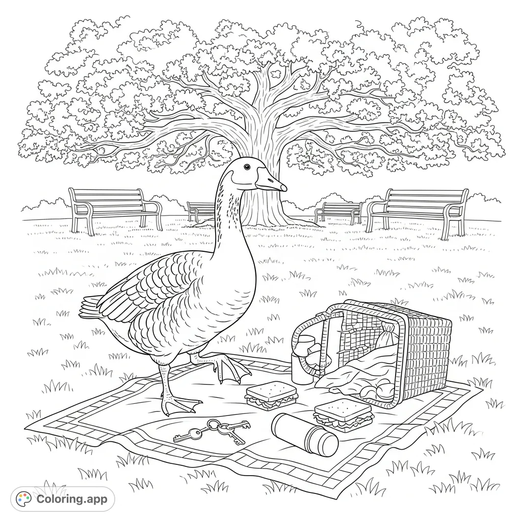 A mischievous goose creates chaos at a picnic under a grand oak tree, scattering food and belongings. A fun and engaging free printable coloring page.