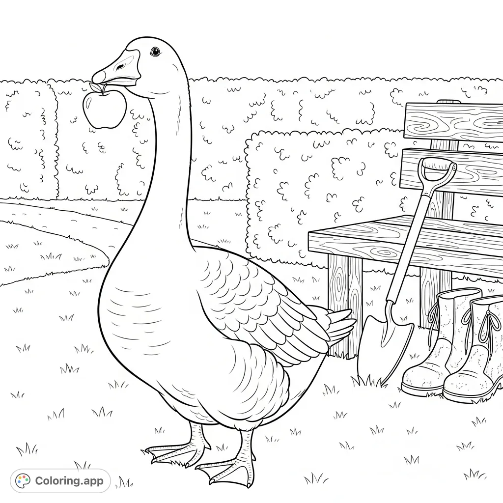 Capture a playful goose mid-escape from a charming garden, holding an apple. A delightful scene with garden tools, a wooden bench, and a hedge.