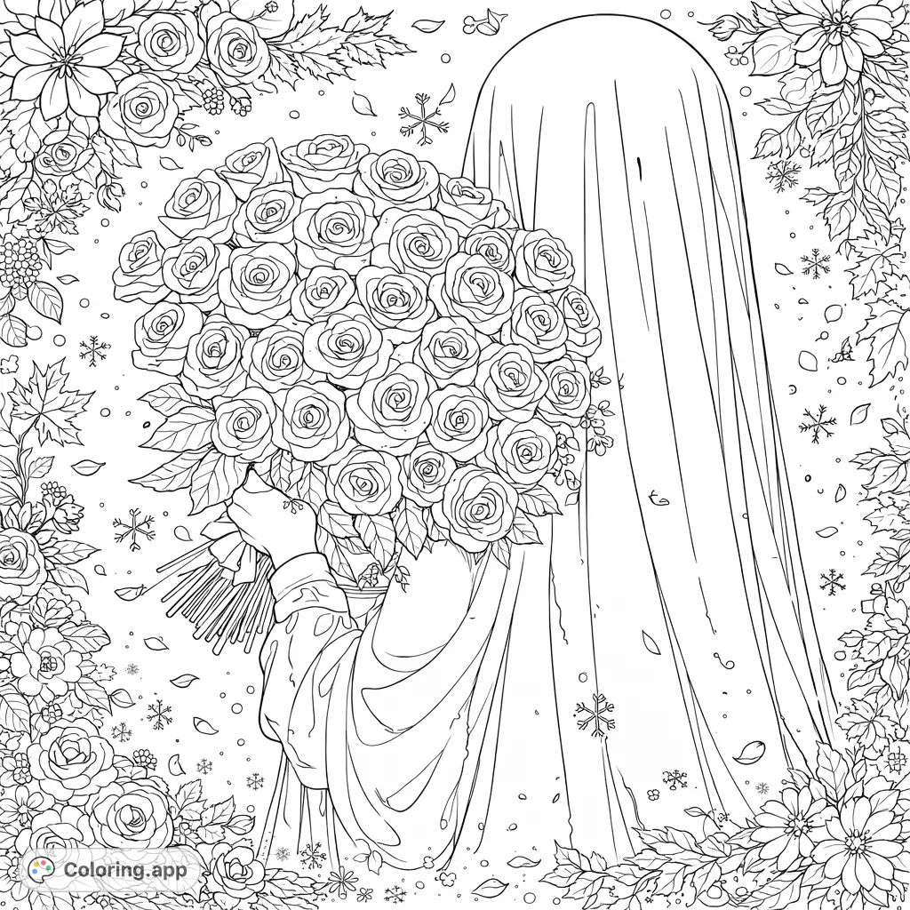 An elegant anime-inspired veiled figure, seen from behind, holding a lavish bouquet of roses. This detailed coloring page invites serene and reflective coloring.
