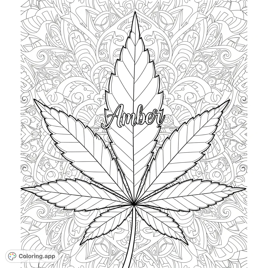 An intricate cannabis leaf adorned with flowing patterns and the name "Amber" in elegant cursive, set against a backdrop of detailed abstract designs.