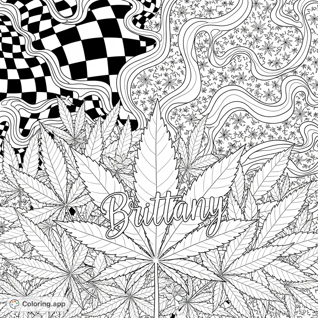 A unique pot leaf design featuring the name "Brittany" in elegant cursive on a central leaf, set against a background of intricate checkered, flowing, and tribal patterns.