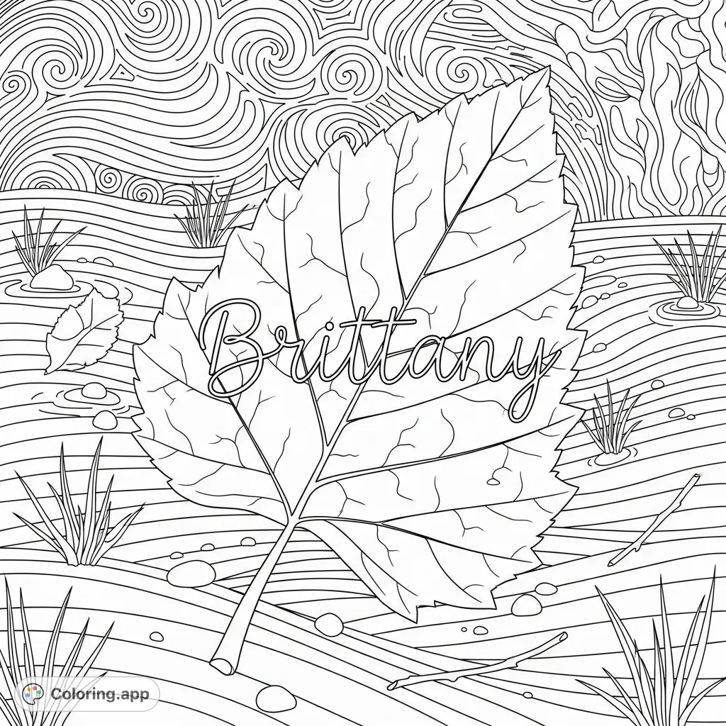 A singular, textured leaf with the name "Brittany" in cursive, nestled among detailed natural elements and stylized patterns. Perfect for adults.