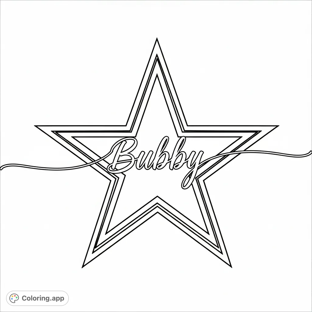 An iconic Dallas Cowboys star logo personalized with the name "Bubby" in elegant cursive script. Perfect for fans to color and customize!