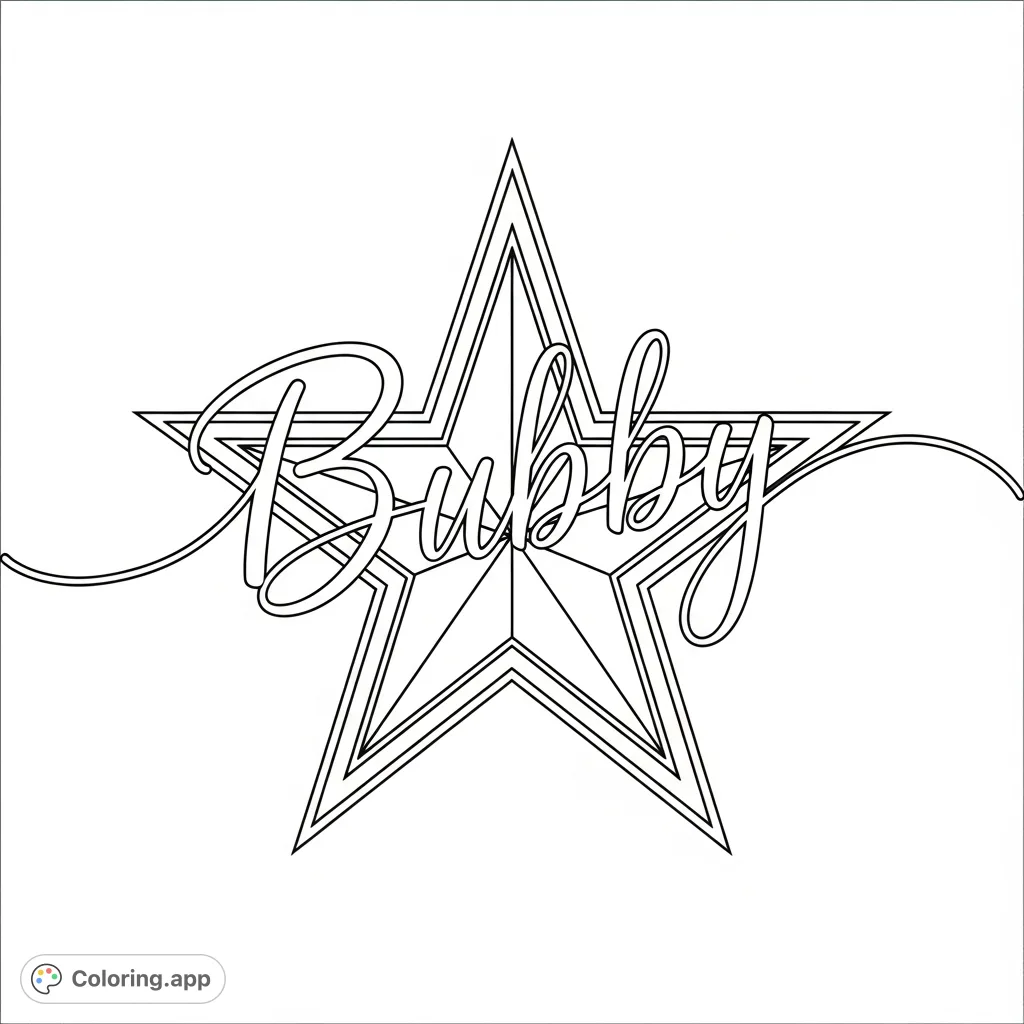 A unique Dallas Cowboys star logo personalized with the name "Bubby" in elegant cursive, perfect for dedicated fans to color and display their team pride.