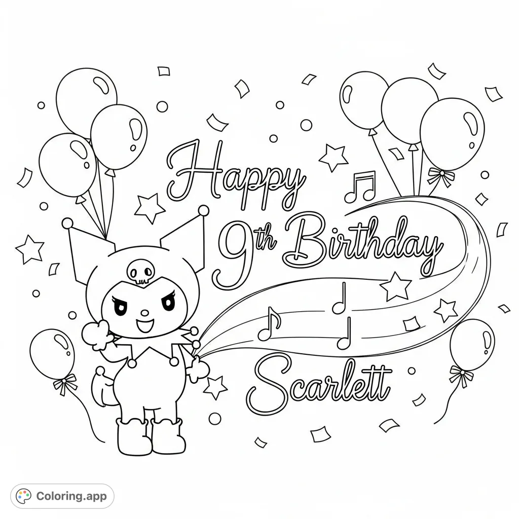 Celebrate Scarlett's 9th birthday with Kuromi! This free printable coloring page features the mischievous character and personalized cursive text.