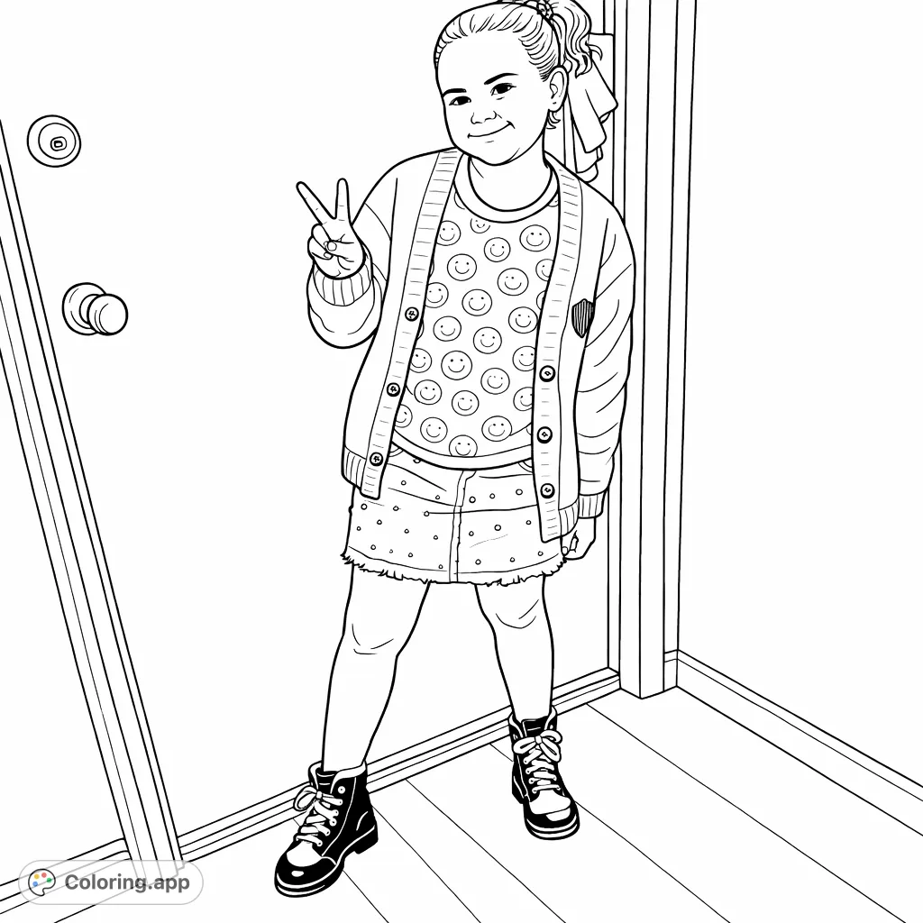 A delightful coloring page featuring a young person making a peace sign, dressed in a trendy cardigan, patterned tee, and studded denim skirt.