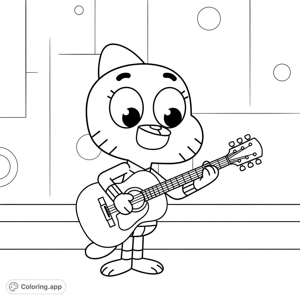 Join Darwin from The Amazing World of Gumball as he plays his guitar! A fun, free printable Gumball coloring page for kids and fans.
