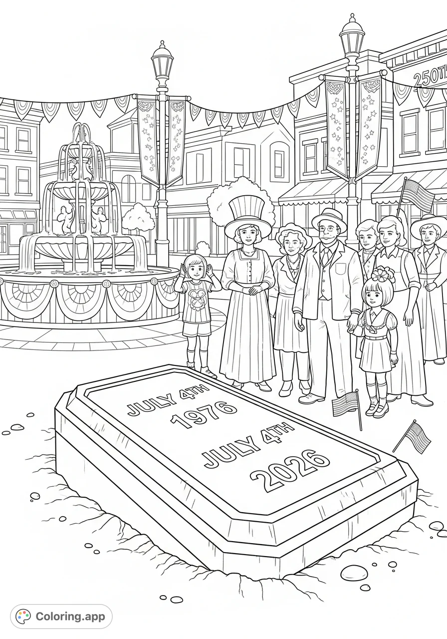 Celebrate America's 250th with this time capsule coloring page, featuring the historic July 4th 1976 burial and 2026 unveiling amid festivities.