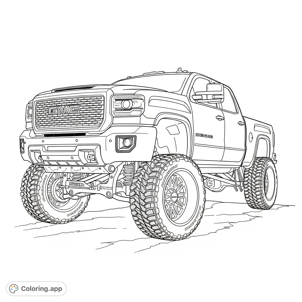 A powerful GMC Denali HD truck, aggressively lifted with robust tires and custom wheels, ready for adventure. A challenging truck coloring page for enthusiasts.