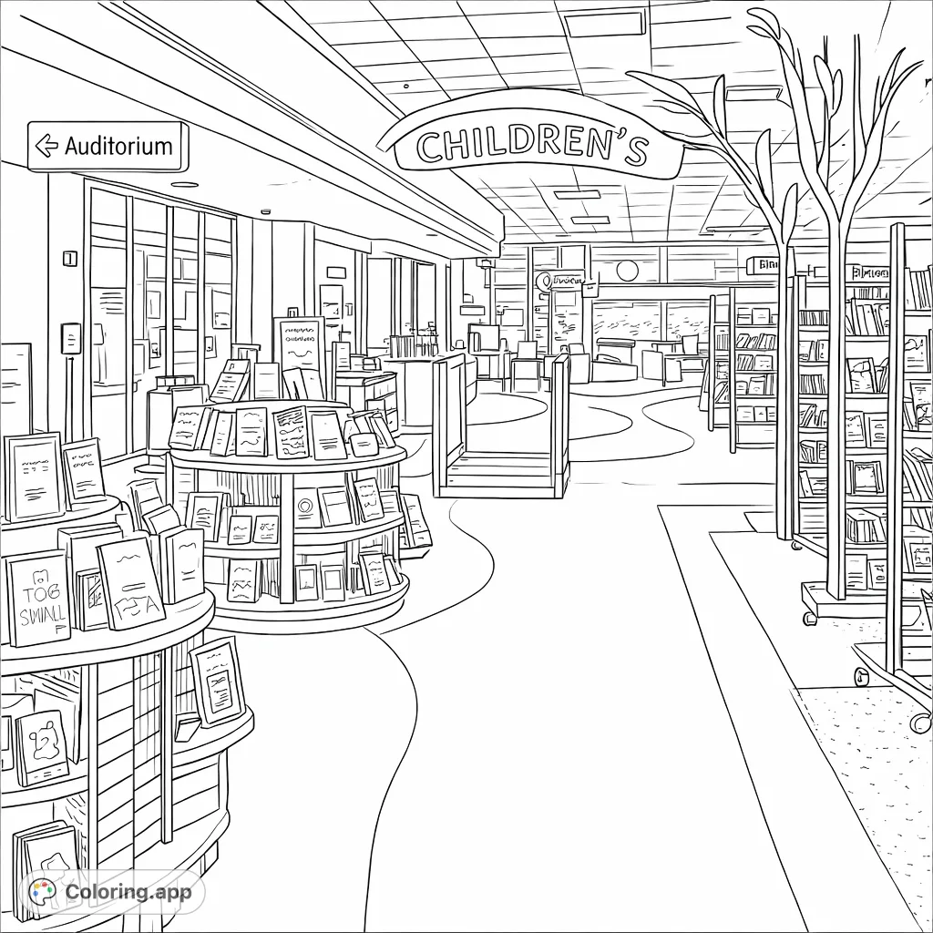 Explore a whimsical children's library, filled with inviting bookshelves, a playful floor pattern, and a unique bridge. A delightful scene for young readers to color.