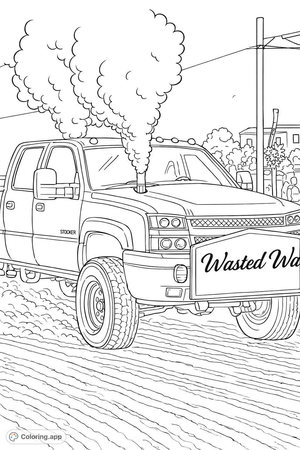 A powerful custom pickup truck with massive tires and dramatic exhaust plumes. Perfect for truck enthusiasts to personalize with their favorite designs.