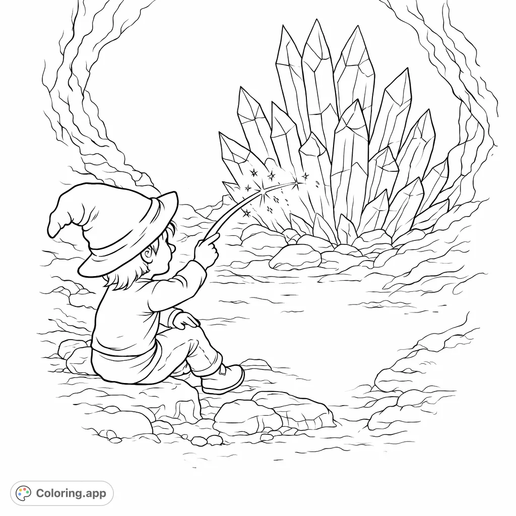 Embark on a magical journey with this enchanting crystal cave coloring page. A small wizard discovers glowing crystals, perfect for fantasy adventurers.