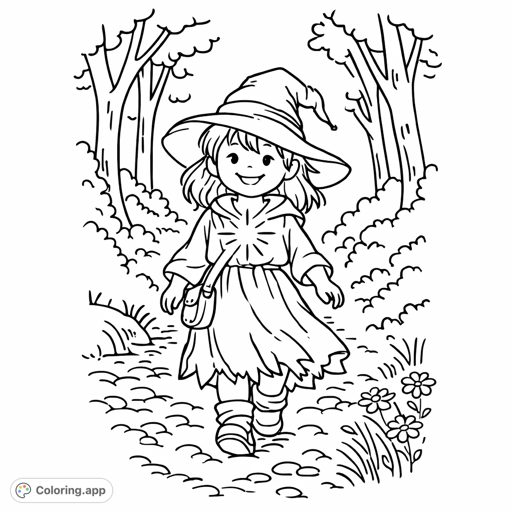 A cheerful little witch with a glowing emblem walks a magical forest path in this cartoony coloring page, featuring bold outlines and minimal details.