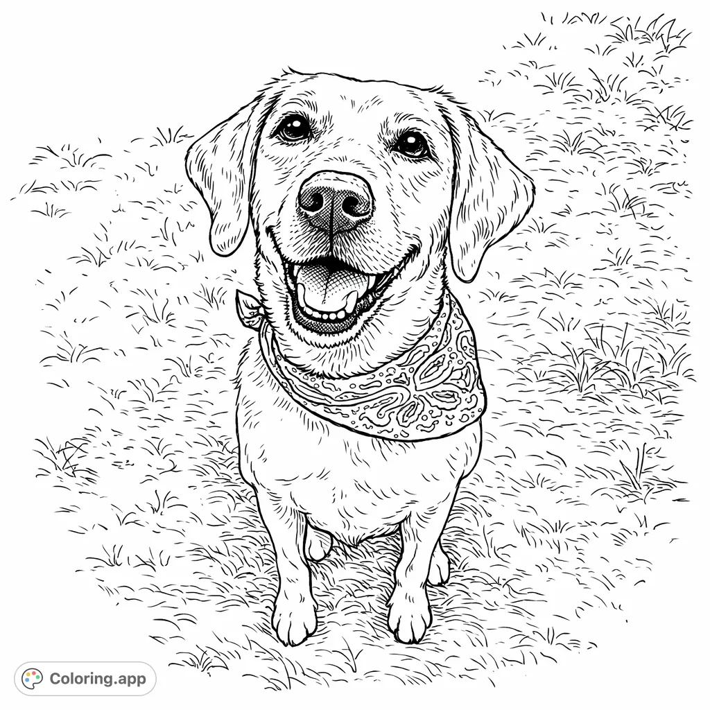 A heartwarming coloring page featuring a happy dog wearing a paisley bandana, sitting patiently in a grassy field. Perfect for animal lovers of all ages!