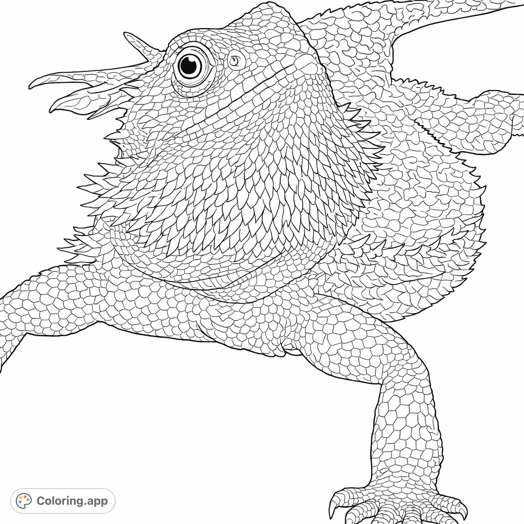 Explore the intricate details of a majestic bearded dragon. This realistic reptile coloring page features detailed scales, expressive eyes, and unique textures for an engaging experience.