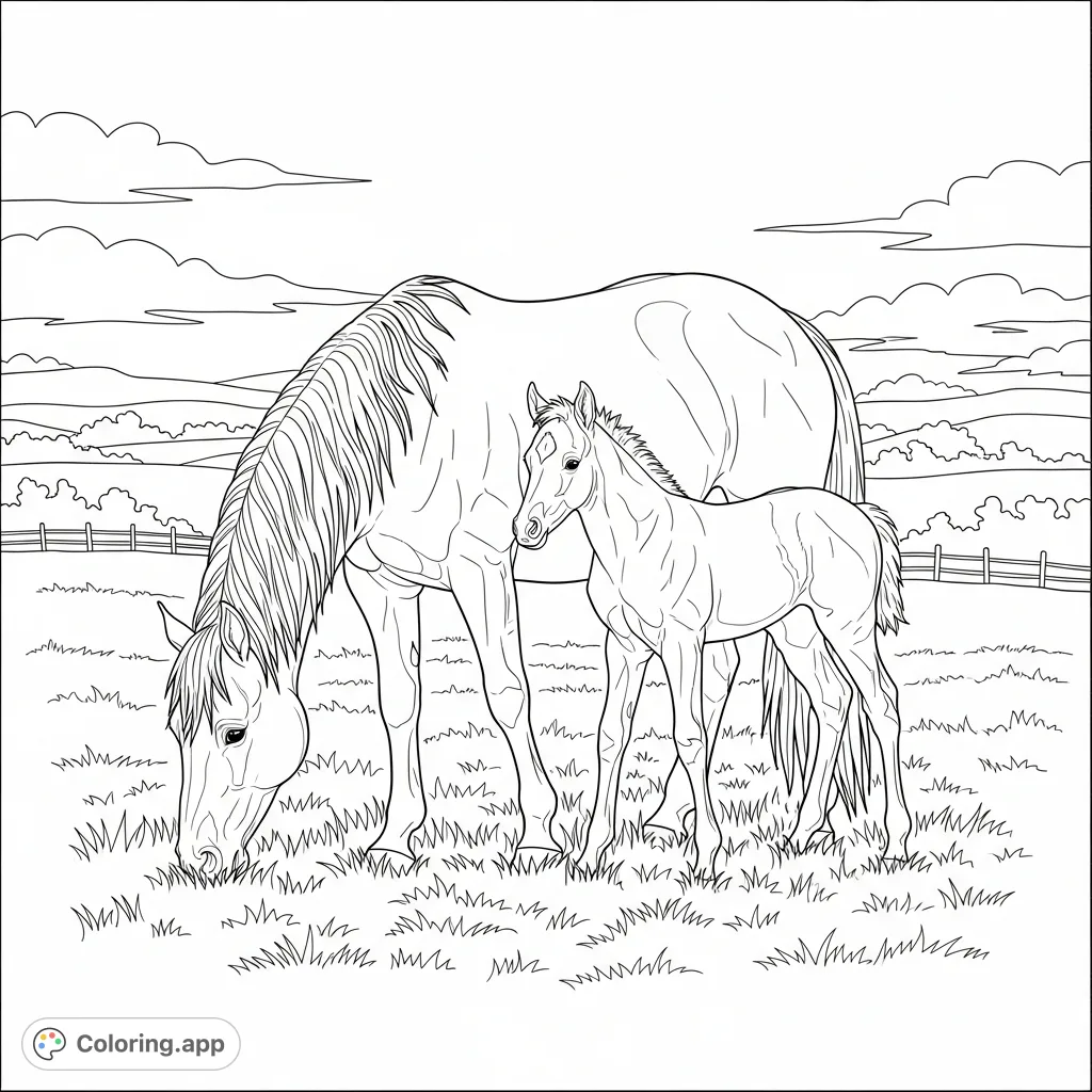 A heartwarming horse and foal grazing scene in a peaceful field, perfect for a relaxing farm animals coloring page. A free printable coloring page for kids and adults.