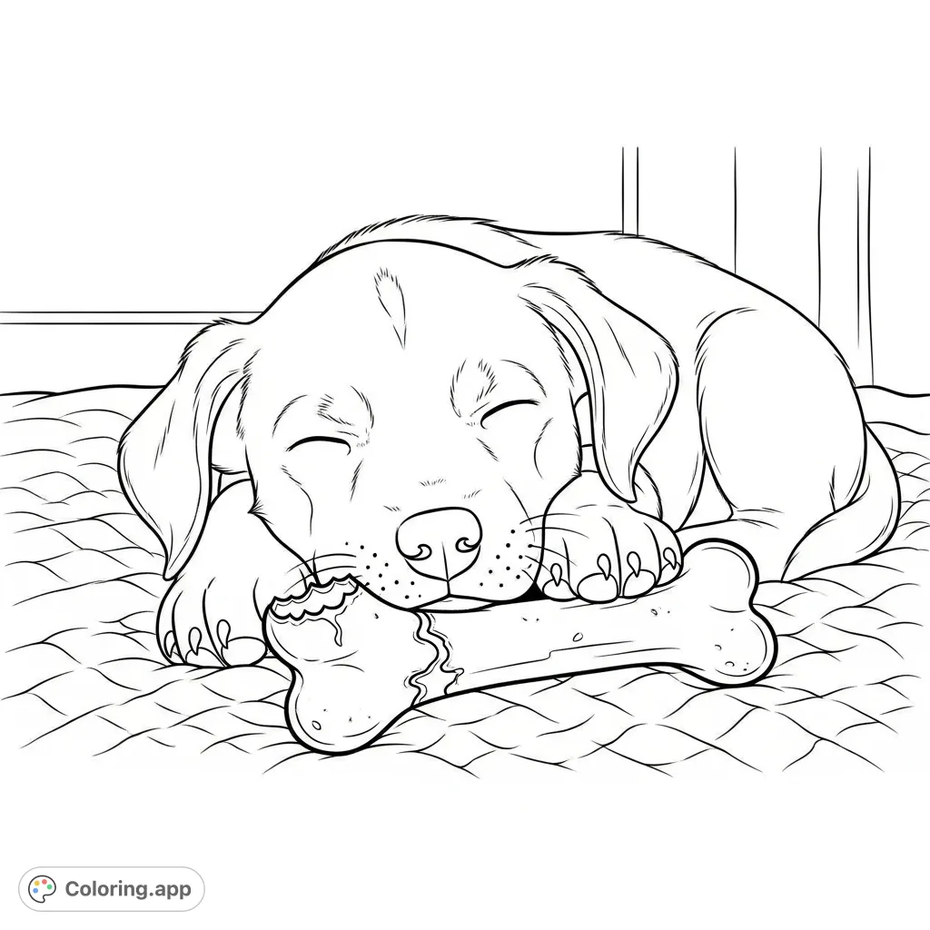 Discover this adorable puppy coloring page featuring a peaceful puppy fast asleep next to its favorite bone. A heartwarming free printable coloring page perfect for all animal lovers.