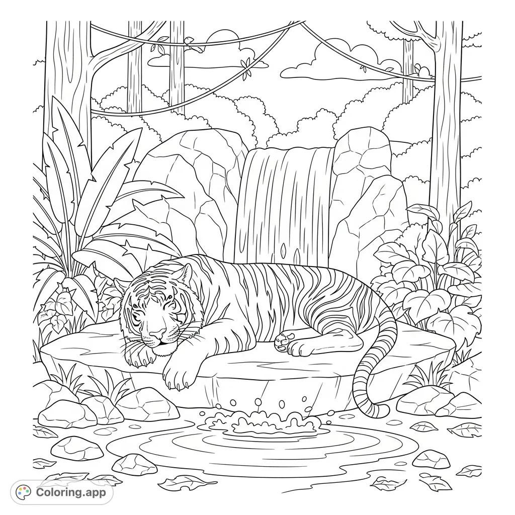 Discover a serene jungle tiger coloring page. A majestic tiger sleeps soundly beside a cascading waterfall amidst lush tropical plants. Perfect for relaxation.