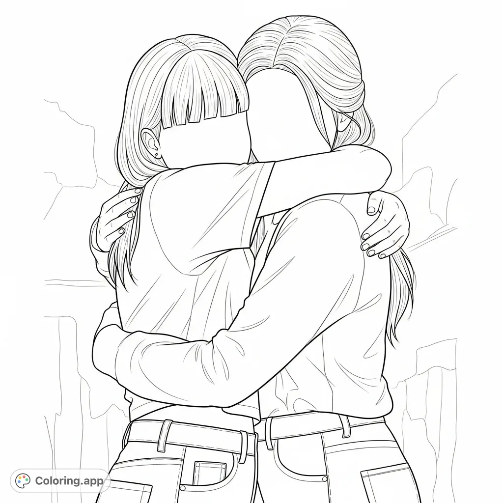Capture the warmth of friendship with this free printable best friends coloring page! Two 15-year-old girls in a heartfelt hug, one with bangs, await your creative touch.