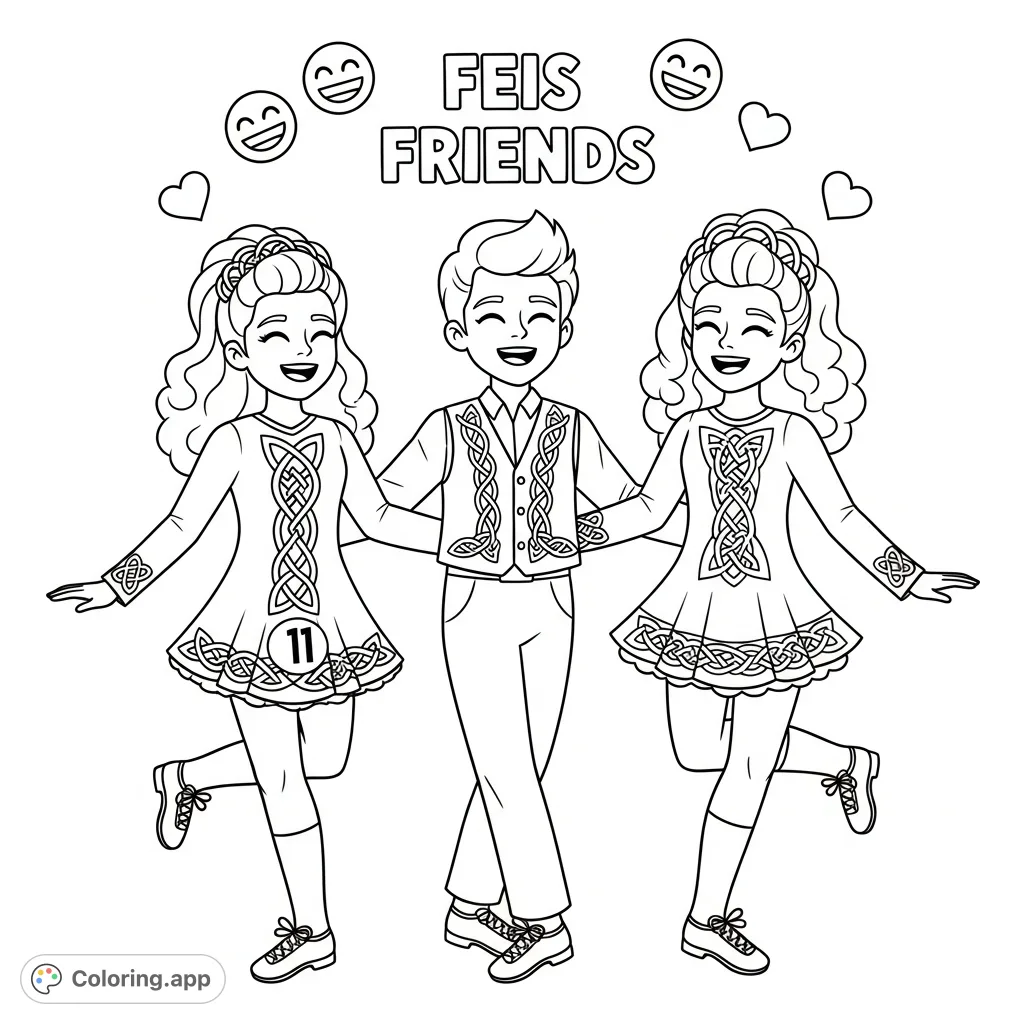 Three joyful 'feis friends' Irish dancers, wearing traditional costumes with Celtic knotwork, share a laugh at a competition. Features 'Feis Friends' text.