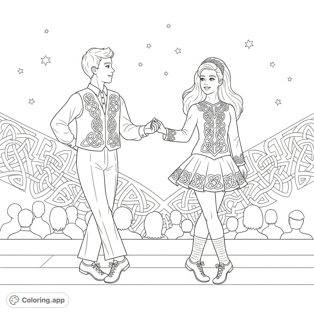 Capture the energy of Irish dancing with this free printable coloring page featuring a boy and girl dancer on stage, adorned in traditional costumes with Celtic details.