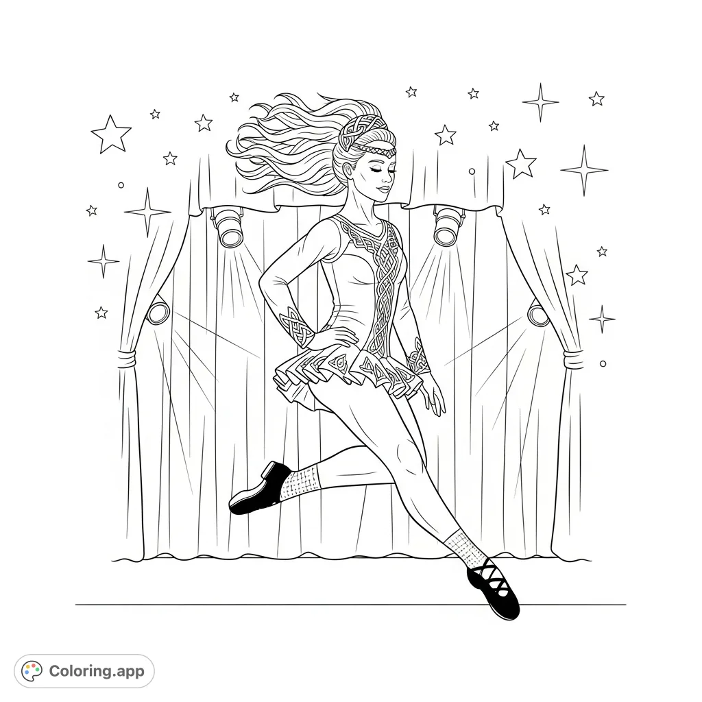 Capture the dynamic elegance of a female Irish dancer in mid-leap, showcasing a modern Celtic dress and flowing hair on a theatrical stage.