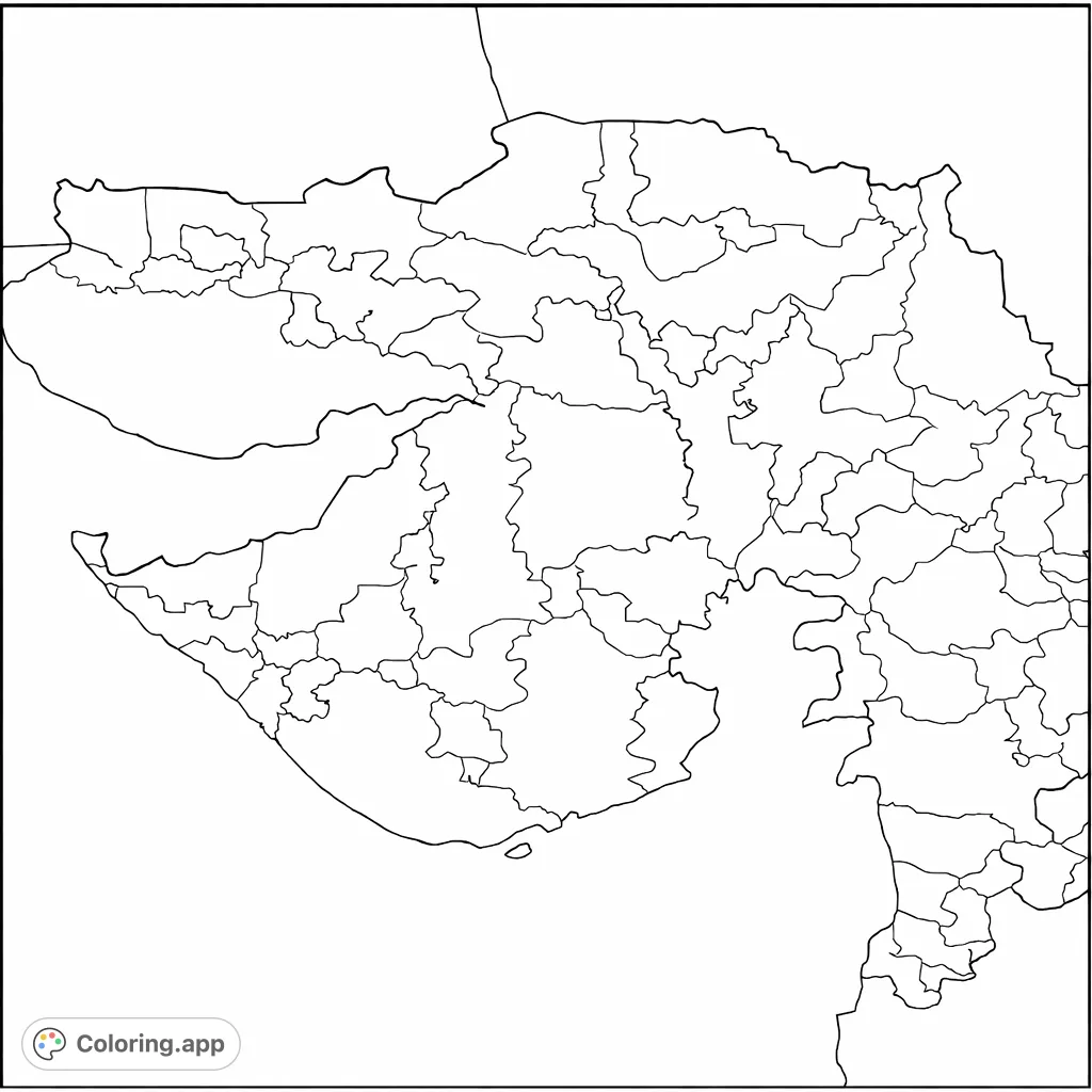 Explore the detailed geography of the Gujarat region with this intricate map coloring page, featuring complex coastlines and many internal borders.