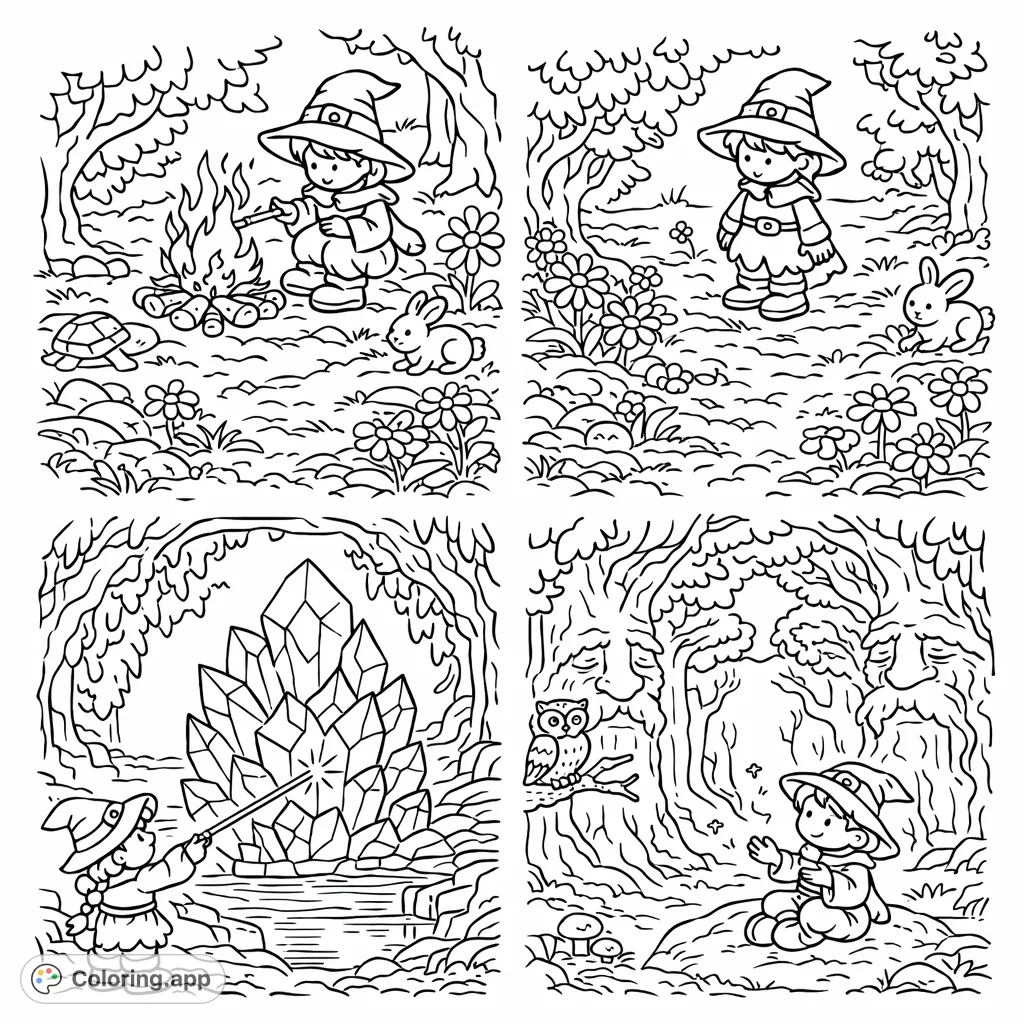 A cartoony fantasy witch coloring page featuring a whimsical character exploring a crystal cave and enchanted forest, with friendly animals and magical elements.