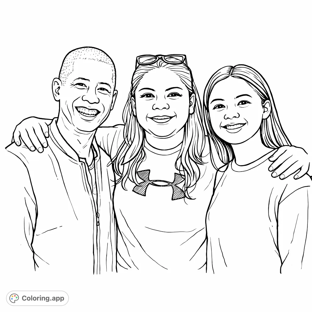 Capture a heartwarming moment with this hand-drawn sketch-style portrait of three smiling individuals. A perfect free printable coloring page for all ages.