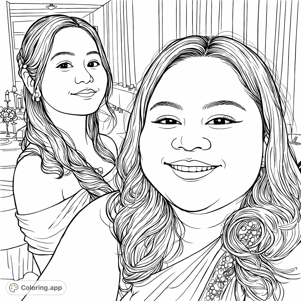 Capture the bond between two women in this heartwarming portrait. Personalize their expressions, hair, and festive attire in a detailed scene.