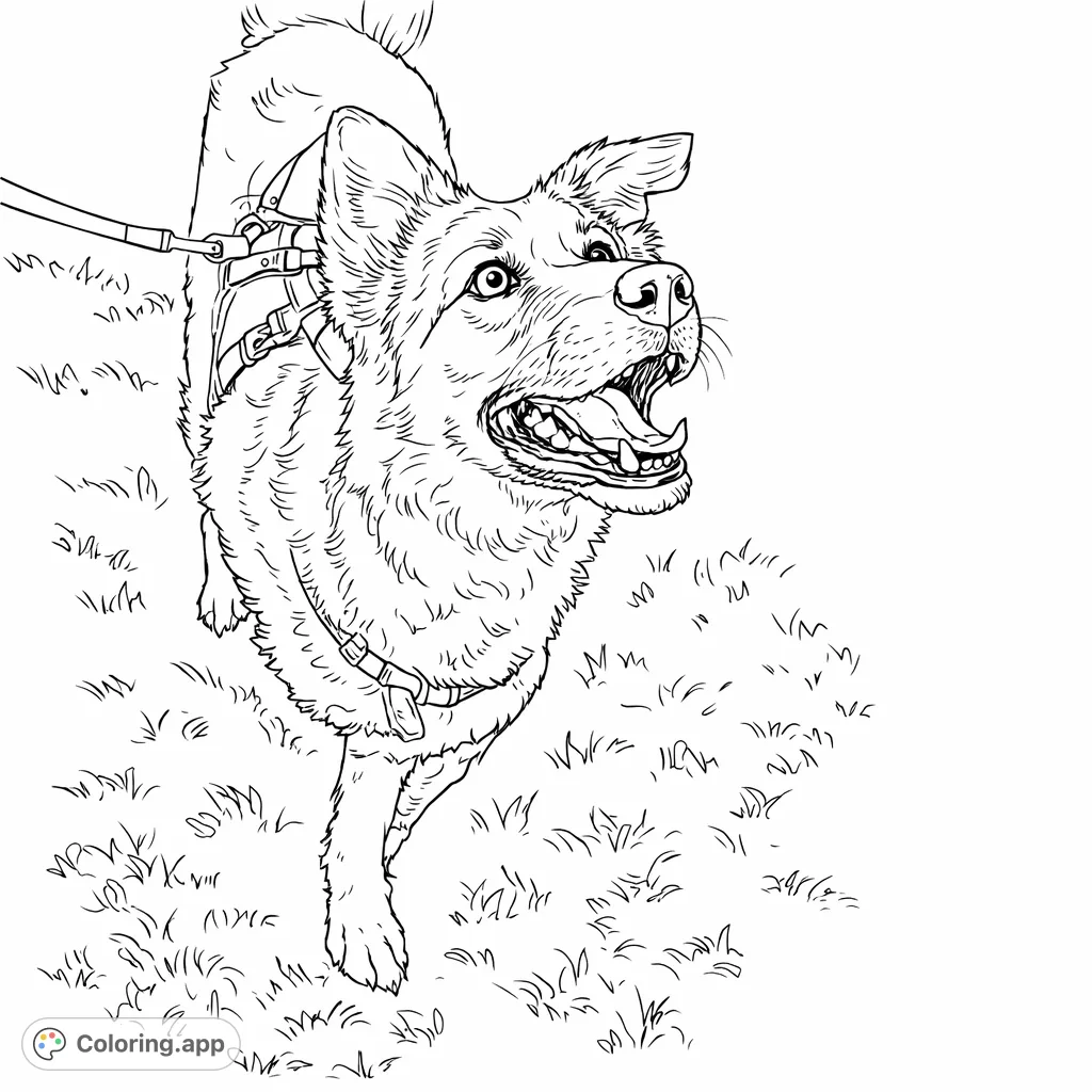Discover a cheerful dog caught mid-play on a vibrant grassy lawn. This charming coloring page features a happy pup, perfect for animal lovers to bring to life.
