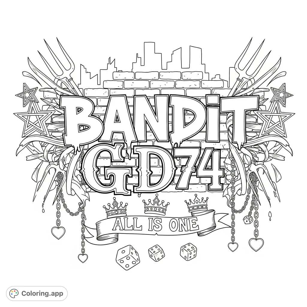 Unleash your creativity with this intricate graffiti coloring page! Featuring 'BANDIT' in bold lettering, a cityscape, stars, pitchforks, and chains.
