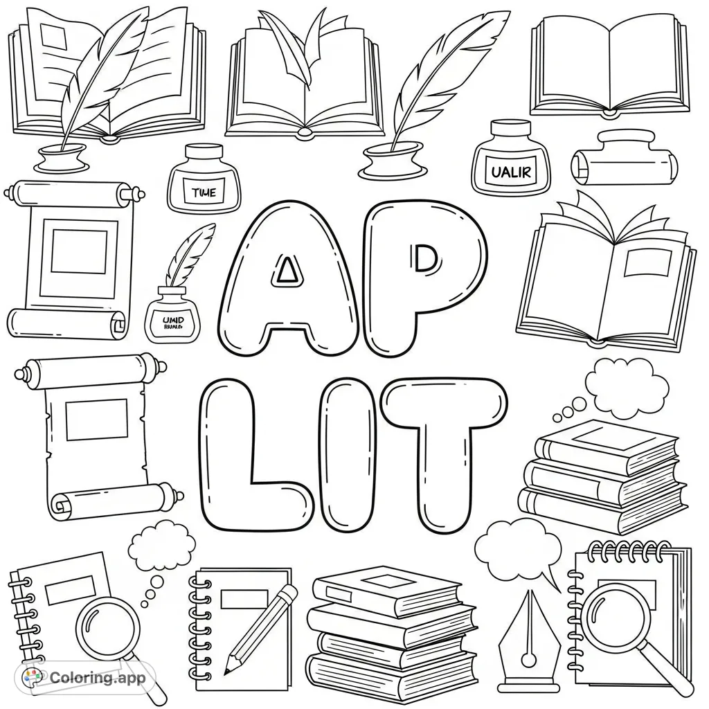 A fun and engaging AP LIT coloring page with prominent bubble letters and an array of large, cute reading and writing icons. Perfect for students!