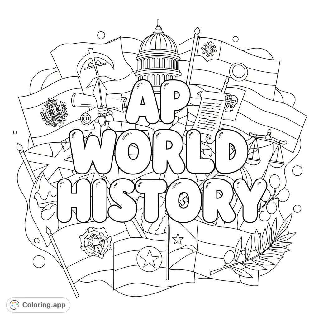 A fun AP World History coloring page featuring bold bubble letters, large world flags, and iconic government symbols for students of all ages.