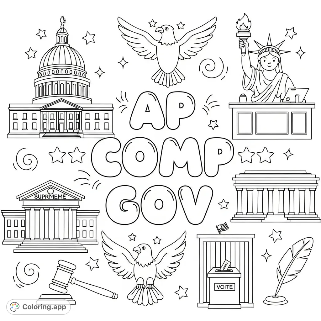 Explore the world of government with this cute AP Comp Gov coloring page featuring prominent bubble letters and friendly interpretations of iconic governmental symbols.