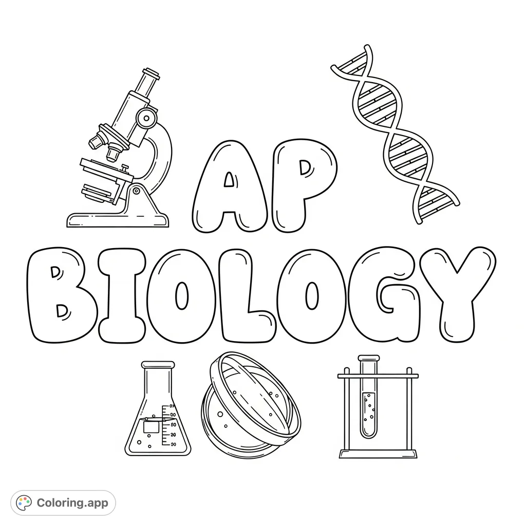 A fun AP Biology coloring page featuring bold bubble letters spelling 'AP BIOLOGY,' surrounded by detailed icons of microscopes, DNA, petri dishes, and lab tools.