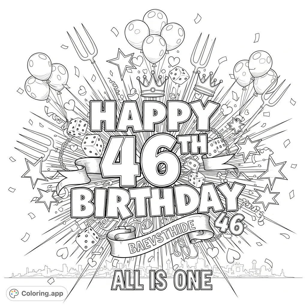 A dynamic graffiti-style 'HAPPY 46TH BIRTHDAY' coloring page, featuring stars, hearts, crowns, dice, balloons, confetti, and a cityscape backdrop. Unleash your creativity!