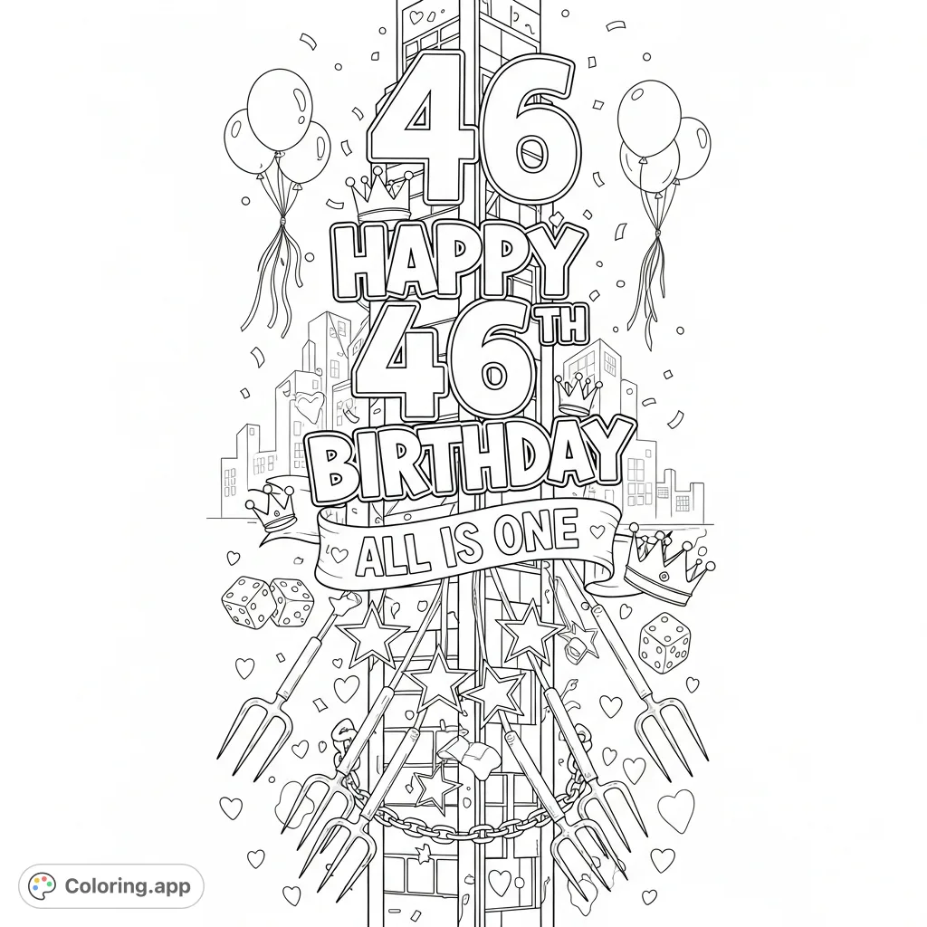 Celebrate a special milestone with this dynamic 46th birthday graffiti design. Intricate urban elements, text, and festive details await your creative touch.
