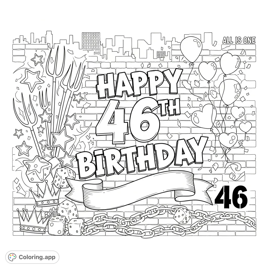 Celebrate with this dynamic urban graffiti coloring page! Features edgy typography, festive balloons, stars, hearts, and a city skyline background.