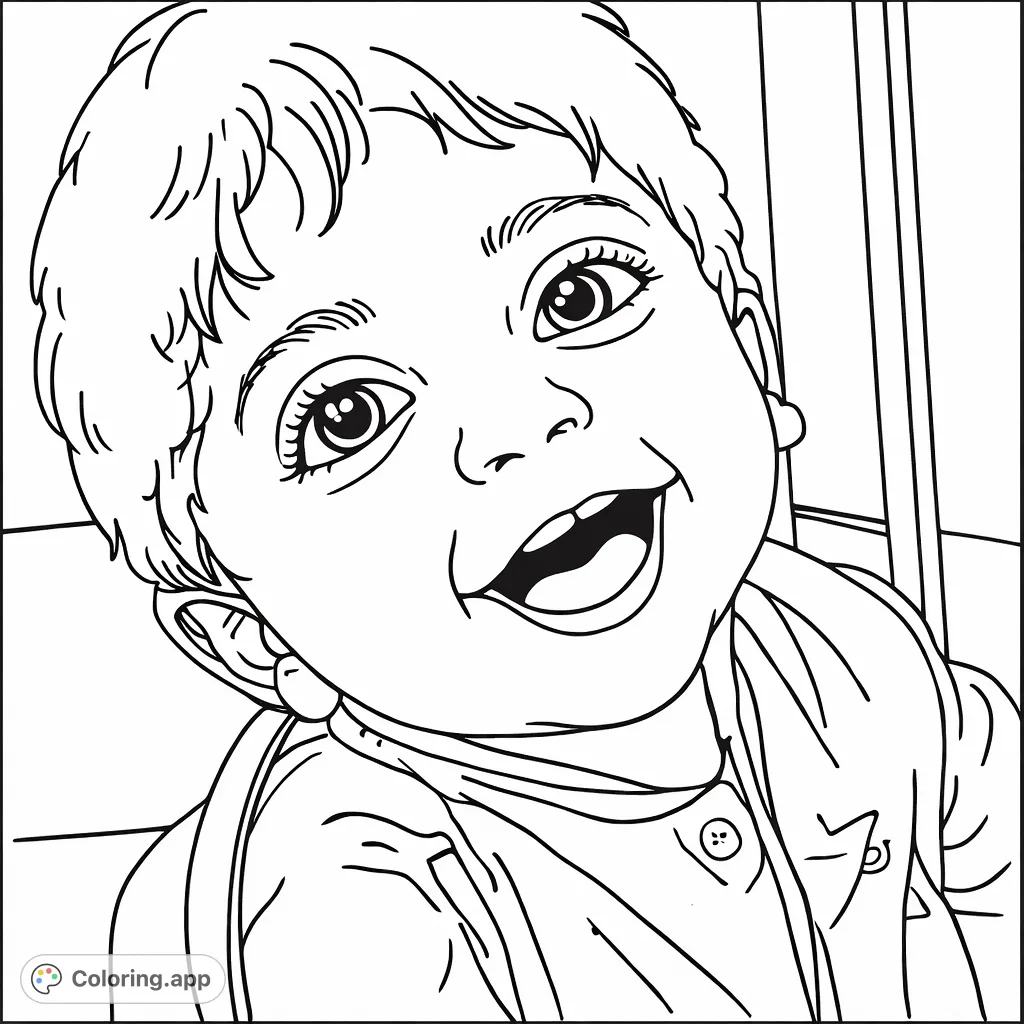Capture the heartwarming smile of a joyful child in this engaging portrait. Perfect for a moment of creative relaxation, this free printable coloring page brings delight.