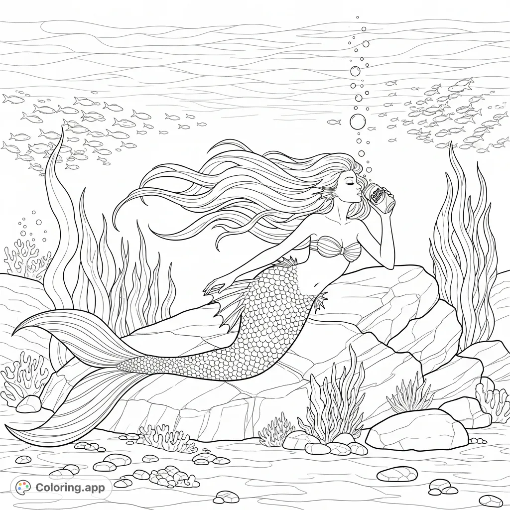 An enchanting mermaid takes a moment to enjoy a Dr. Pepper while reclining on underwater rocks, surrounded by intricate marine life. A challenging coloring page for adults.