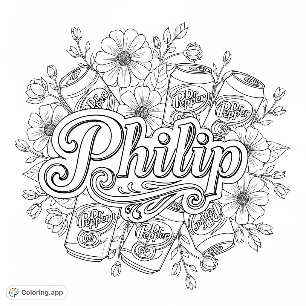 A personalized 'Philip' coloring page featuring the name in elegant script, surrounded by Dr Pepper cans and blooming flowers. A unique, free printable!