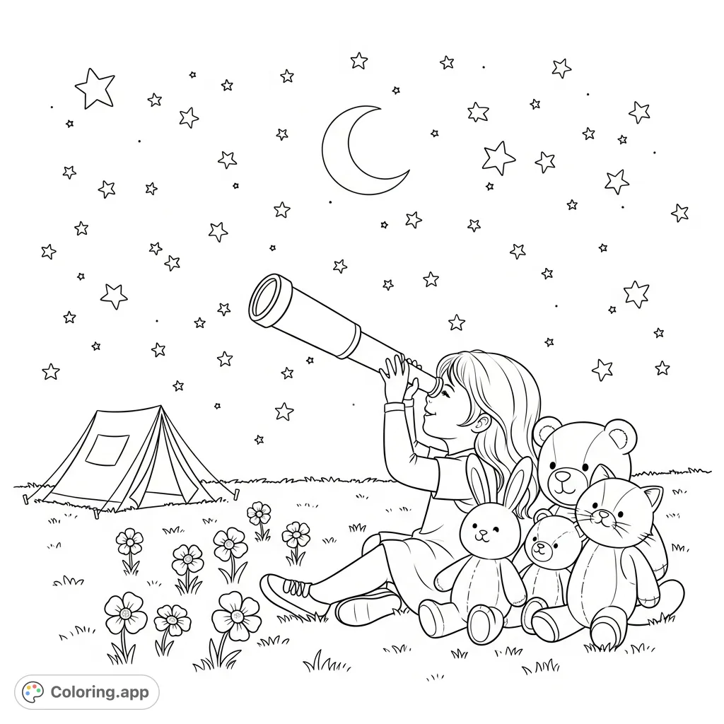 A delightful star gazing coloring page featuring a little girl, her stuffed animal friends, and a telescope under a magical night sky with camping elements.